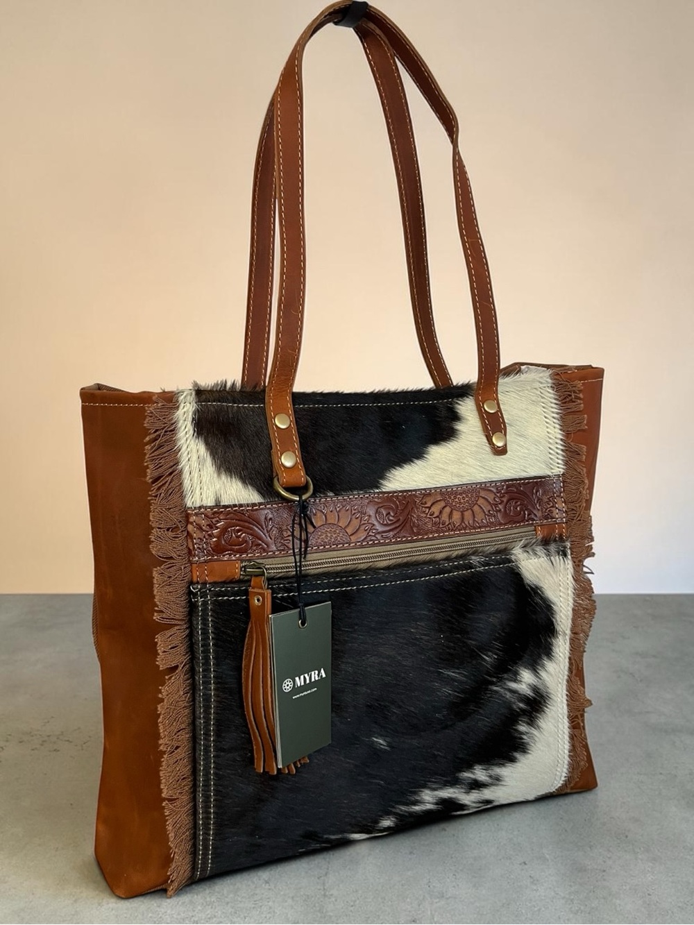 Myra Cowhide Tooled Leather Tote Bag Western Boho Floral Fringe Shoulder Bag - Picture 6 of 12